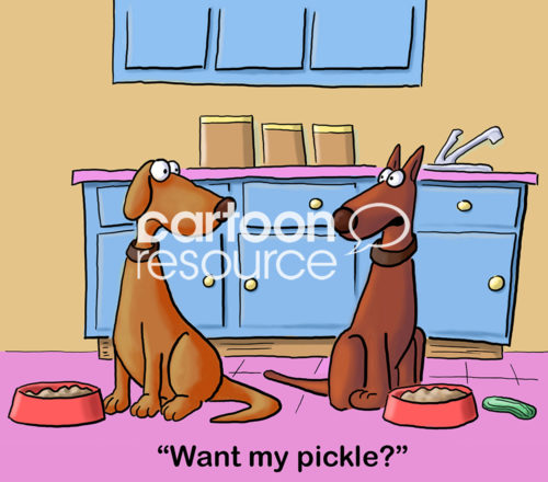 Dog color cartoon of two brown dogs eating. One says, 'want my pickle?'