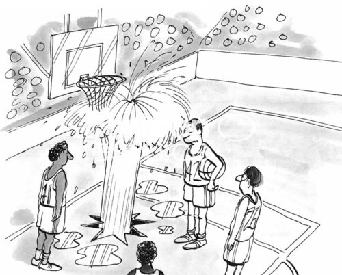 Basketball b&w cartoon of a water main that broke right under the basket making it impossible to play the game.