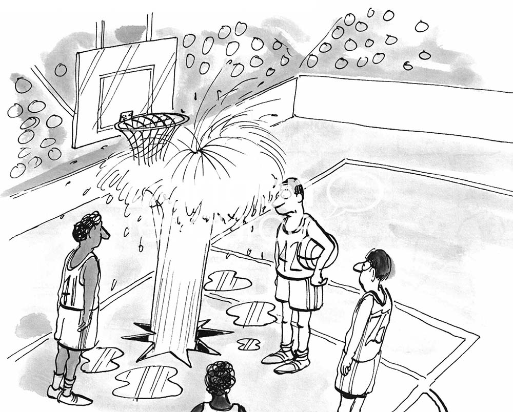 Basketball b&w cartoon of a water main that broke right under the basket making it impossible to play the game.