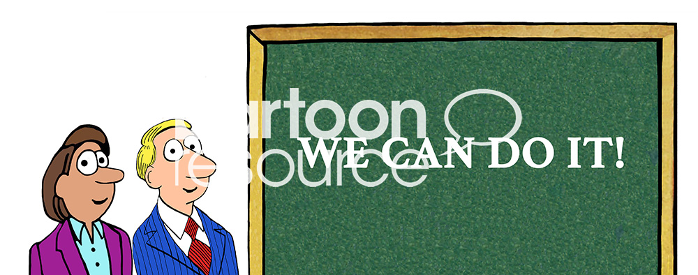 HR color cartoon of two businesspeople and the words, "We can do it".