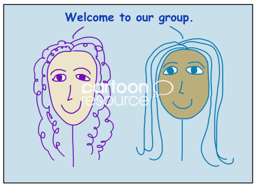 Color cartoon of two smiling, beautiful, racially diverse women saying welcome to our group.