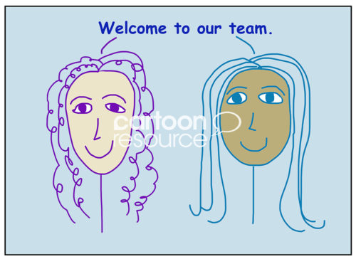 Color cartoon of two smiling, beautiful, racially diverse business women stating welcome to our team.