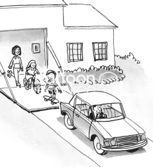 Family b&w cartoon showing each family member has a set of "wheels": the father has the car, the daughter a bicycle, the son a skateboard and the mother has roller-skates.
