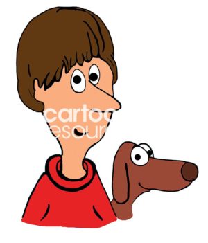 Color cartoon illustration of a woman wearing a red shirt with brown hair smiling and sitting by her brown, smiling dog - both from neck up.