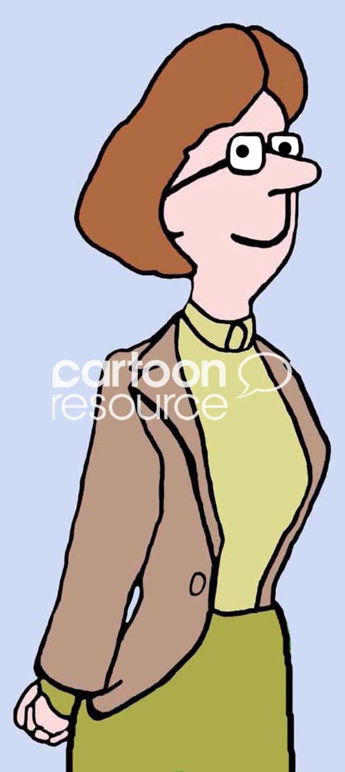 Character color cartoon illustration showing a smiling, confident professional woman from the waist up wearing a green and tan suit.