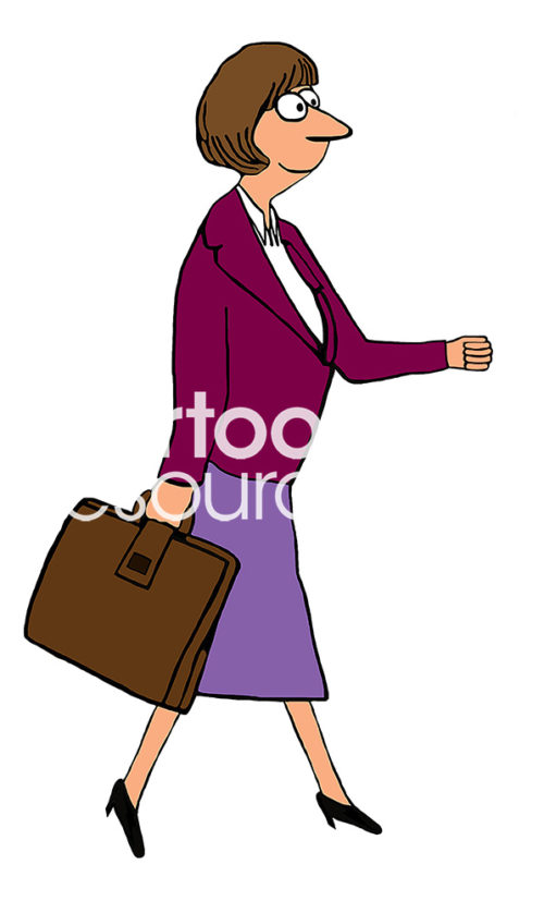 Character color cartoon illustration showing the full-length of a confident professional woman walking and carrying a briefcase. She is wearing a burgundy suit.