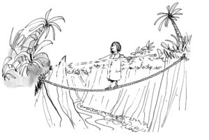 B&W cartoon of a woman walking a tightrope between two cliffs.