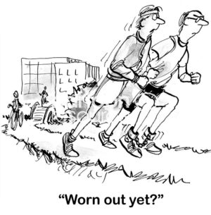 Running cartoon showing two office men who work together out for what began as a friendly run, it is turning into a competition.