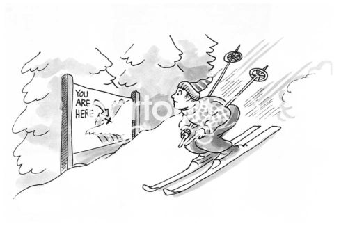 Skiing cartoon showing a skier just as he realizes he is at the edge of a cliff, 'you are here'.