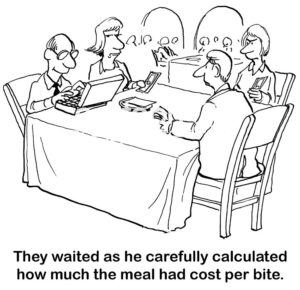 B&W accounting cartoon showing a frugal accountant figuring out what the dinner had cost per bite.