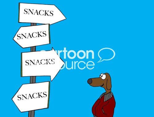 Dog color cartoons showing a happy brown dog looking at a sign that has 'snacks' pointing in all directions.