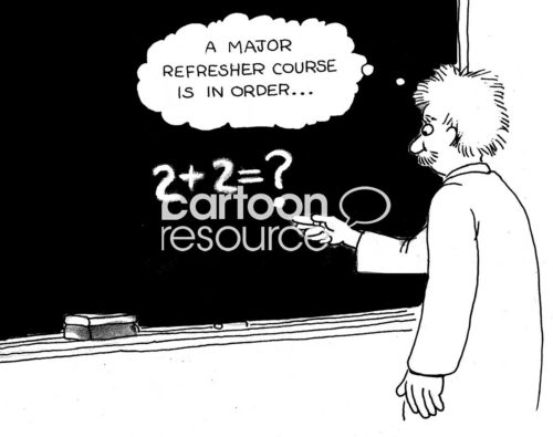 Math cartoon showing a famous scientist that needs a refresher course in basic math.