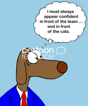 Boss color cartoon of a business dog thinking he must always appear confident in front of the team and in front of the cats.