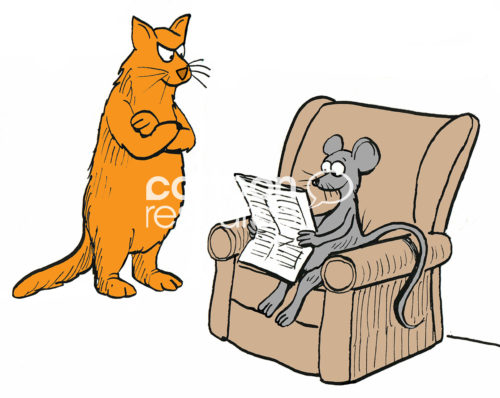 Color cartoon showing a yellow cat on its hind legs and glaring at a mouse reading the newspaper in the cat's living room.