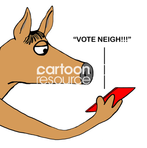 Color cartoon of a horse looking a a red cell phone that is communicating 'vote neigh'.