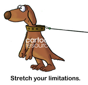 Color cartoon a dog stretching against its leash, 'stretch your limitations'.