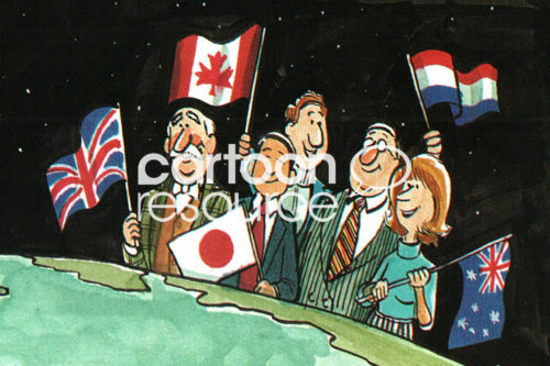 Color illustration showing men and women carrying flags from countries around the world as they gather behind a huge globe of the Earth.