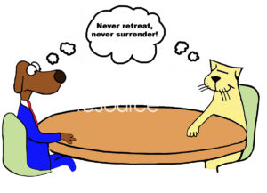 Color conflict cartoon showing a worker dog and a worker cat, both are thinking 'never retreat, never surrender'.
