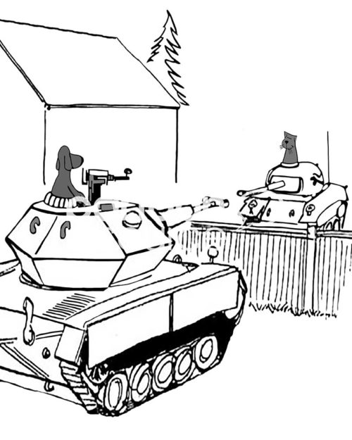 B&W conflict cartoon illustration of a neighbor dog and a neighbor cat, both in large tanks with the guns pointed at one another.