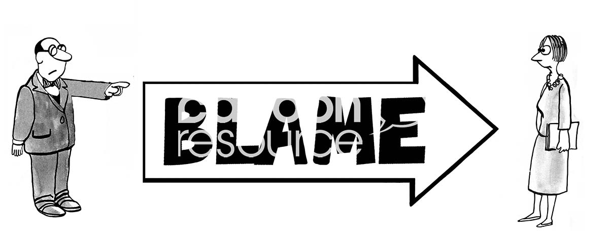 B&W conflict cartoon of a boss man with the word BLAME pointed toward a worker woman.
