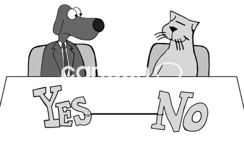 B&W conflict cartoon showing a worker dog and a worker cat with "yes - no' being pulled in front of them.