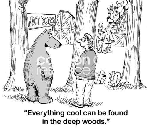 Wild animal B&W cartoon of a bear showing a human man the roller coaster park, 'everything cool can be found in the deep woods'.