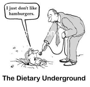 B&W cartoon showing a male TV interviewer interviewing a man who lives underground. He is The Dietary Underground, 'I just don't like hamburgers'.