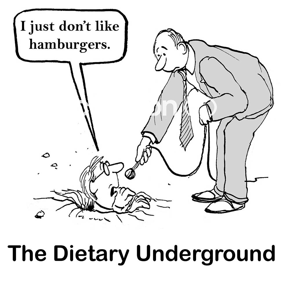 B&W cartoon showing a male TV interviewer interviewing a man who lives underground. He is The Dietary Underground, 'I just don't like hamburgers'.