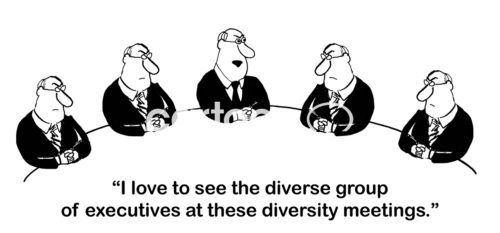 Diversity cartoon showing that the diversity meeting is not diverse, the attendees are all old white men.