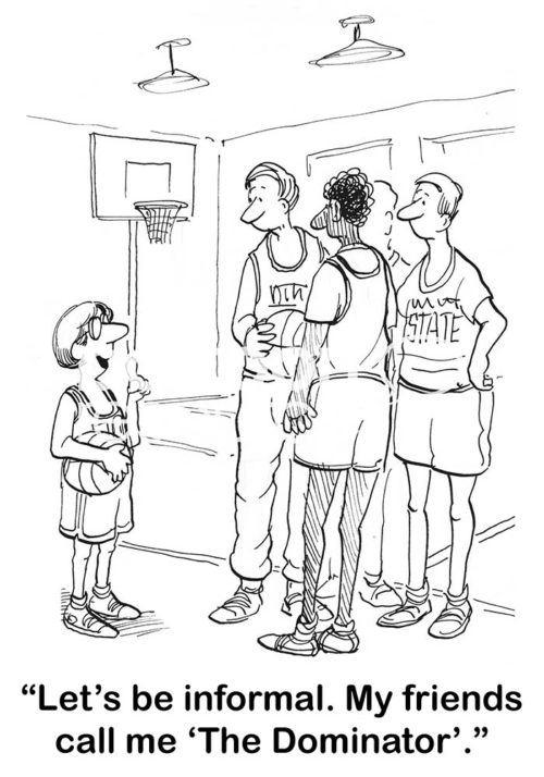 Basketball B&W cartoon of three tall players listening to a short player known as '...The Dominator'.