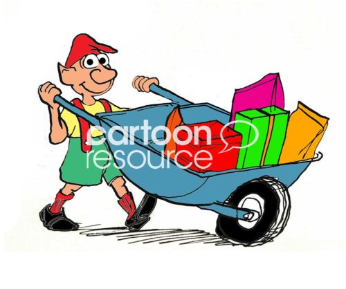 Christmas color cartoon of an elf pushing a wheelbarrow full of colorful presents.