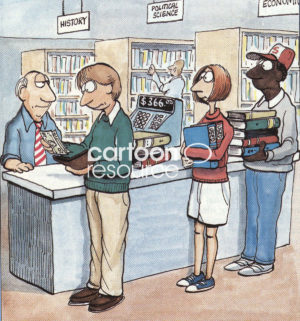 Education color cartoon of three college students purchasing expensive textbooks at the university bookstore check-out.