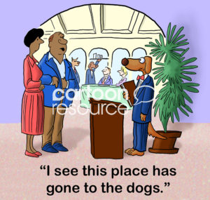 Restaurant color cartoon of an African-American couple saying to the dog maitre'd, 'I see this place has gone to the dogs'.