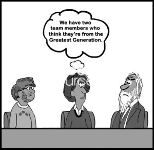 Teamwork cartoon showing a female team leader sitting between a younger man and an older man.  They both think they are from the 'greatest generation'.