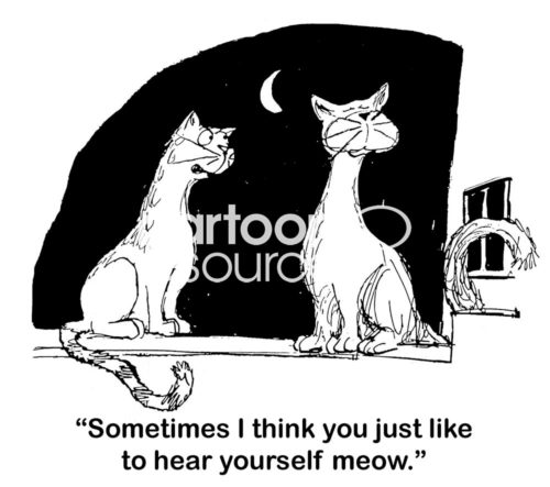 Cat B&W cartoon where two cats are talking. One says, 'sometime I think you just like to hear yourself meow'.