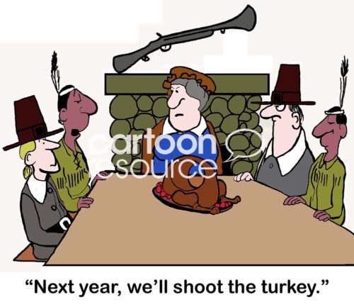 Thanksgiving cartoon showing the first Thanksgiving.  The Pilgrim's blunderbuss gun put a round hole in the turkey.