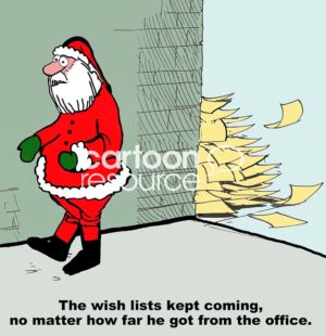 Christmas color cartoon of Santa Claus walking down a street followed by wish lists, "the wish list kept coming, no matter how far he got from the office'.