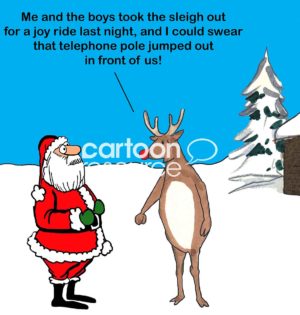 Christmas color cartoon of Rudolph talking with Santa Claus. Rudolph and other reindeer took the sleigh out for a joy ride and a telephone pole jumped in front of them!