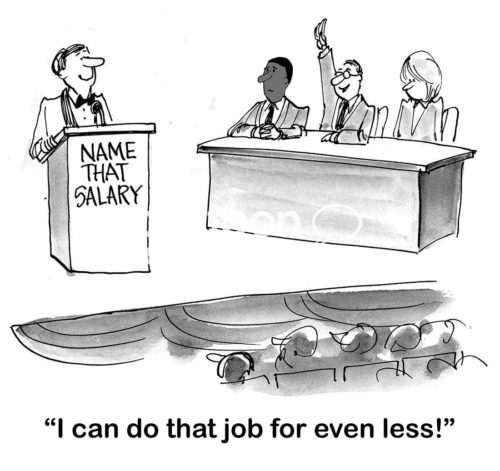 B&W interview cartoon showing a job applicant game similar to Jeopardy. A job candidate shouts out, 'I can do that job for even less'.