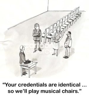 B&W interview cartoon showing an indecisive recruiter using musical chairs to select the new hire.
