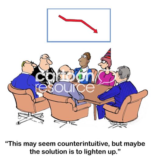 Business color cartoon showing a chart with declining sales and six people in a meeting. One woman wears a party hat and the solution may be '...to lighten up'.