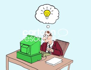 Color marketing cartoon showing an office worker with a great idea, indicated by the bright lightbulb above his head. 