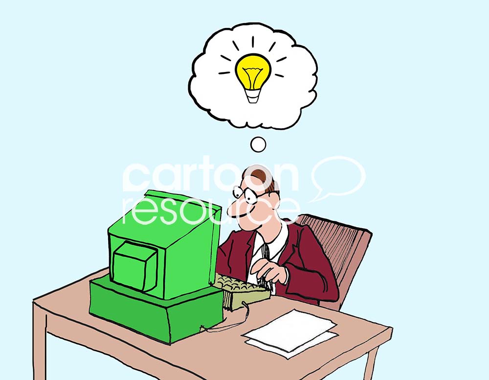 Marketing cartoons 2903_watermark Color marketing cartoon showing an office worker with a great idea, indicated by the bright lightbulb above his head.