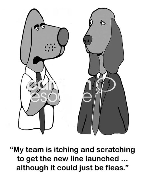 B&W marketing cartoon of two business dogs. One is saying his team is itching and scratching to get the new line launched... although it could just be fleas.