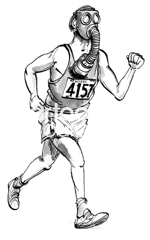 Sports B&W cartoon of a man running with a gas mask on in New York City because of the pollution or illness worry.