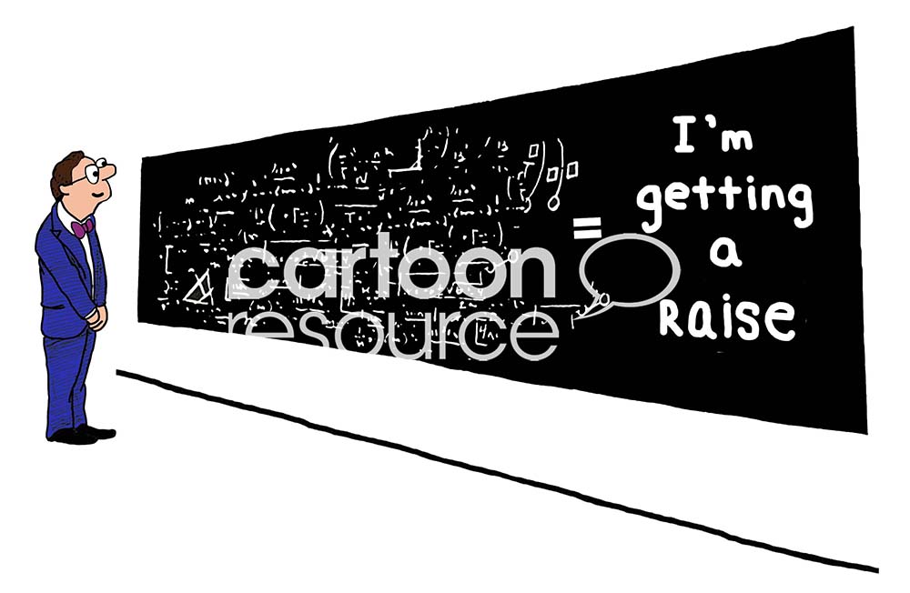 Office color cartoon of a male office worker wearing a blue suit looking at a board of complex equations that equal "I'm getting a raise".