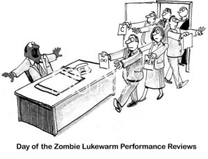 HR B&W cartoon showing zombie-like office workers marching into a startled, male, African-American HR Manager's office. It is the "Day of the Zombie Lukewarm Performance Reviews"
