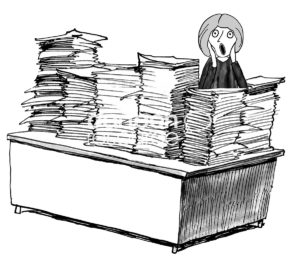 Office B&W cartoon of a office woman sitting at a desk with stacks and stacks of papers. She has the look of The Scream by Manet on her face.