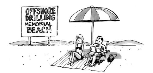 Marriage B&W cartoon of a couple on a beach, they are mistakenly on the "offshore drilling memorial beach'.