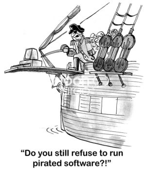 Technology cartoon showing a computer 'walking the plank' because it refuses to run pirated software.